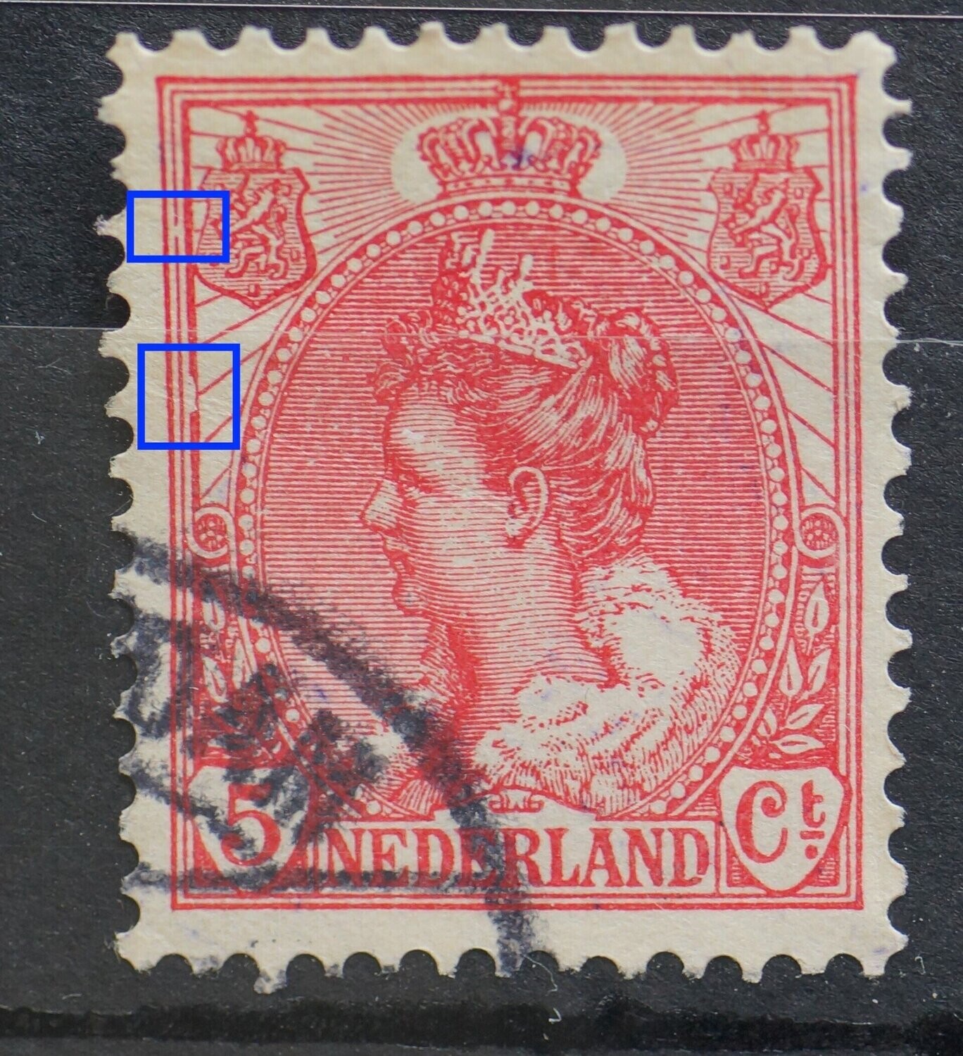 NVPH 60 - o.a. breuk en beschadiging in kaderlijn, links NVPH 60 - o.a. breuk en beschadiging in kaderlijn, links