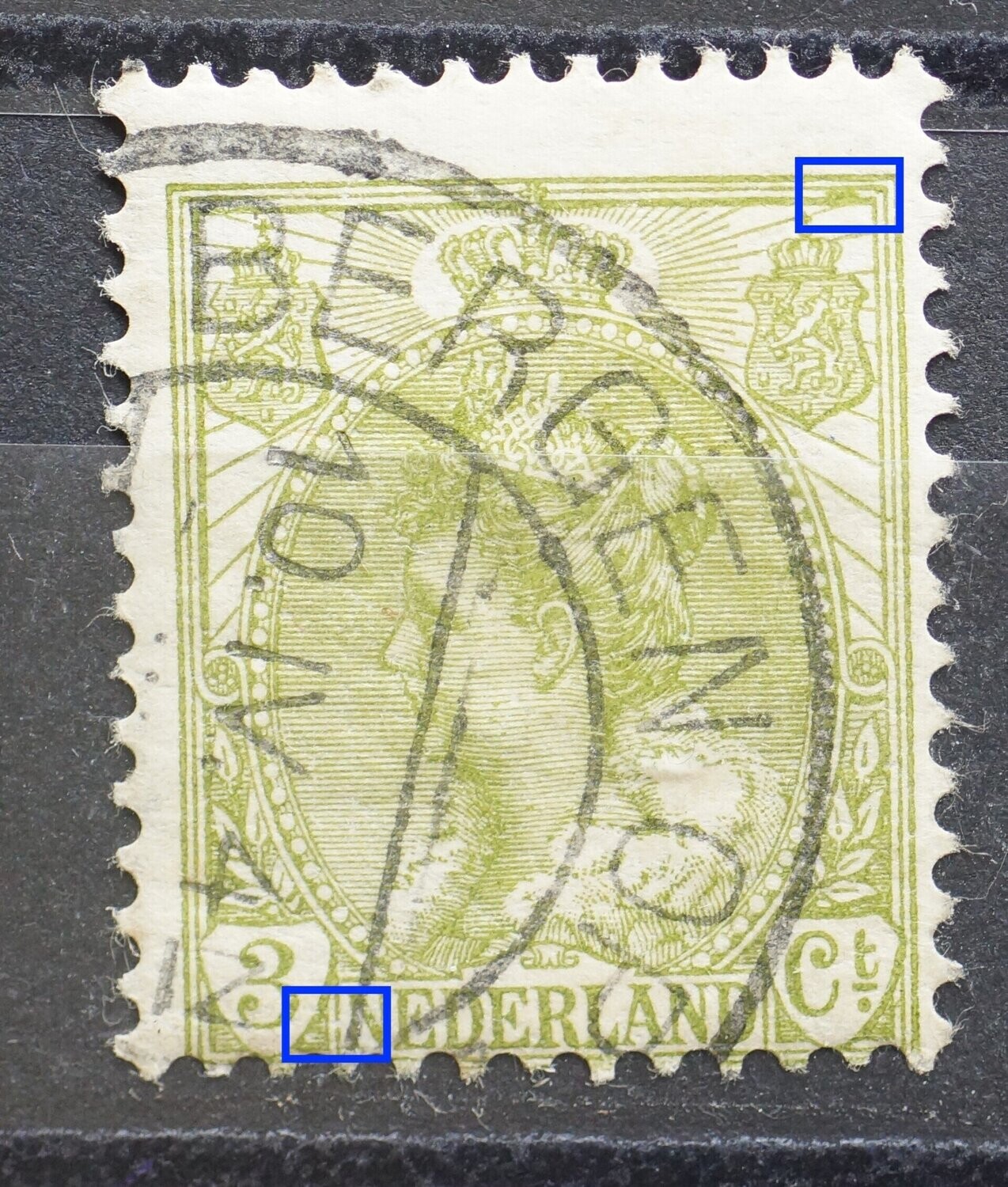 NVPH 57 - o.a. groene vlek boven rechter wapenschild