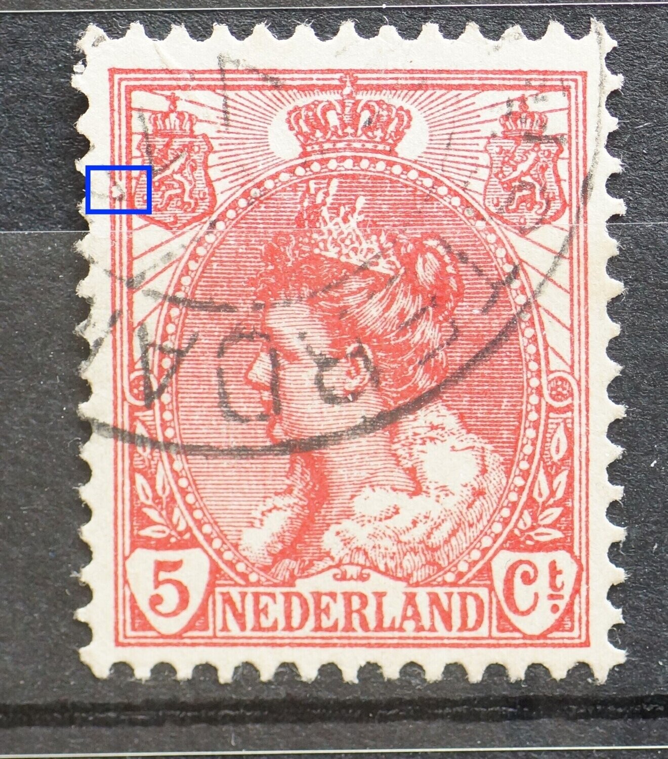 NVPH 60 - witte vlek in kaderlijnen links van wapenschild