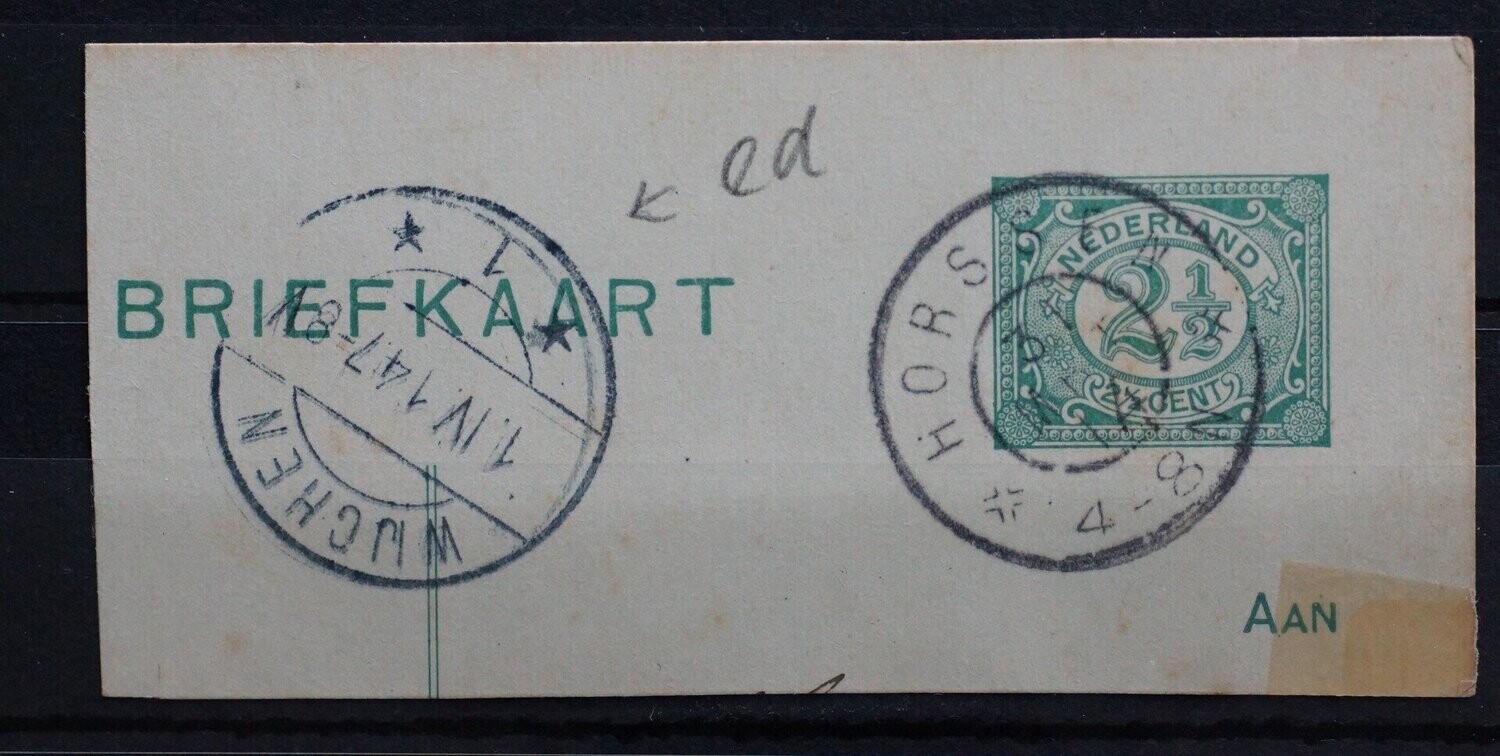 Horssen op fragment briefkaart, tevens eerste dag langebalk stempel Wijchen 1
