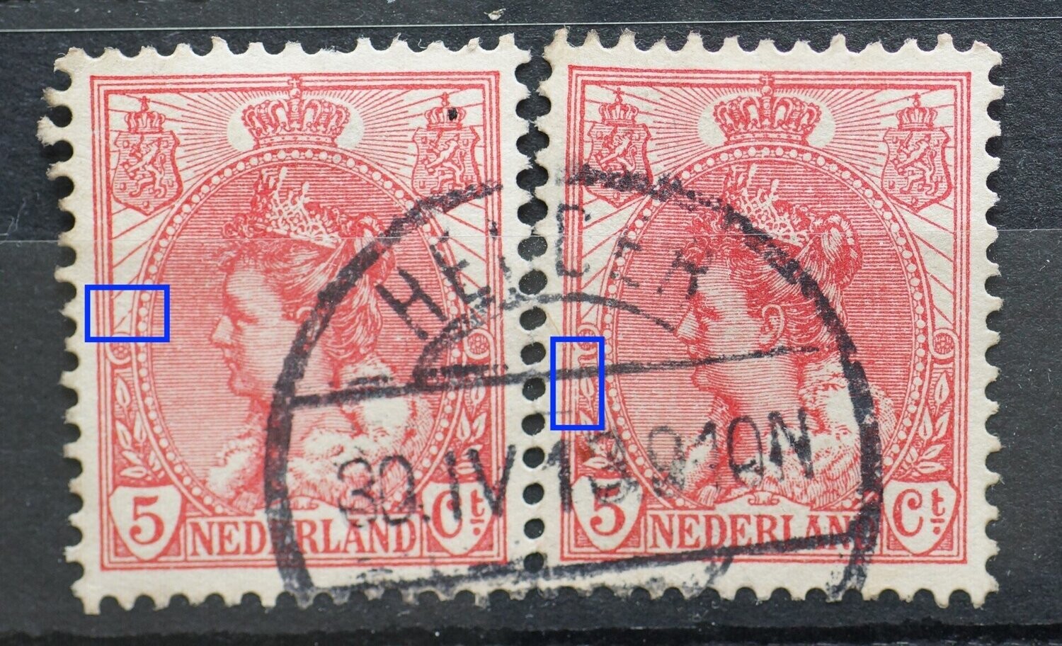 NVPH 60 (paar) - beschadigde kaderlijn onder linker rozet (rechter zegel), beschadigde straal boven linker rozet, linker zegel NVPH 60 (paar) - beschadigde kaderlijn onder linker rozet (rechter zegel), beschadigde straal boven linker rozet, linker zegel