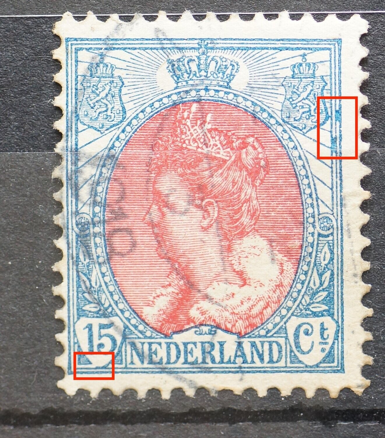 NVPH 65 - o.a. blauwe vlekken tussen kaderlijnen rechts en breuk in rand waardeschild 15