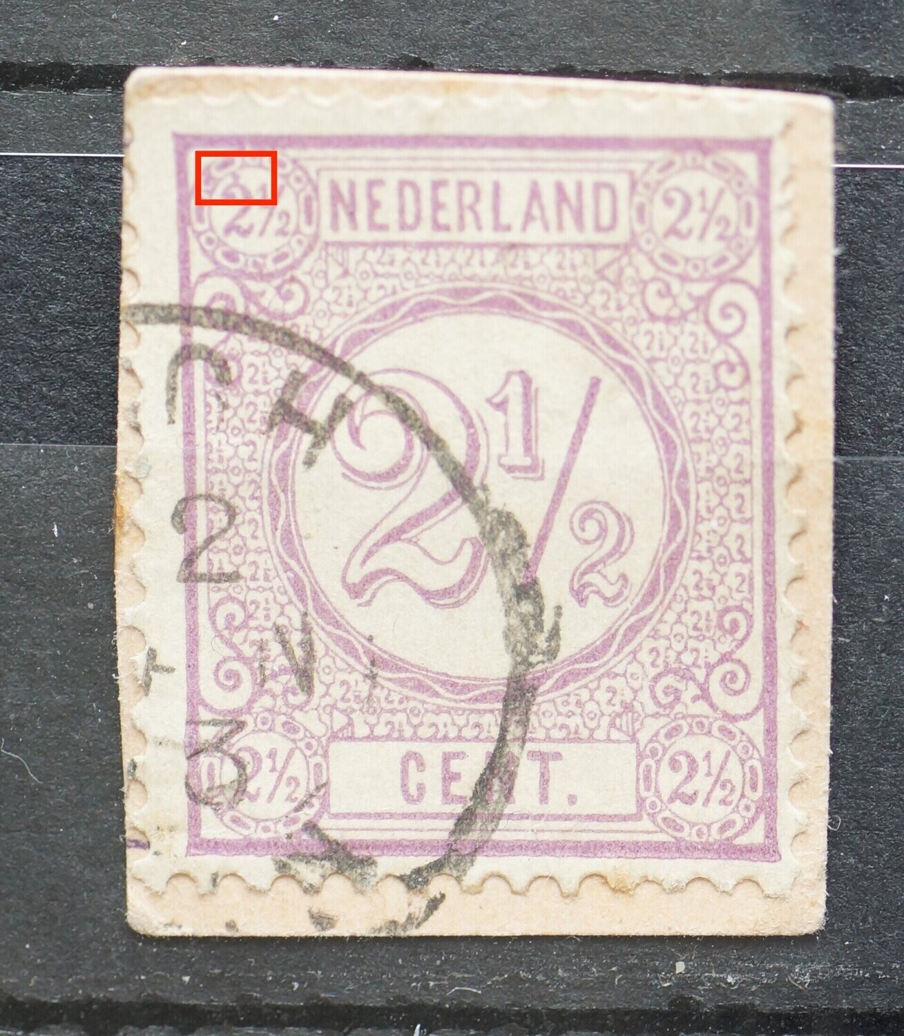 NVPH 33 - violette punt in 2 1/2 linksboven en breuk in lijn onder NT van CENT.