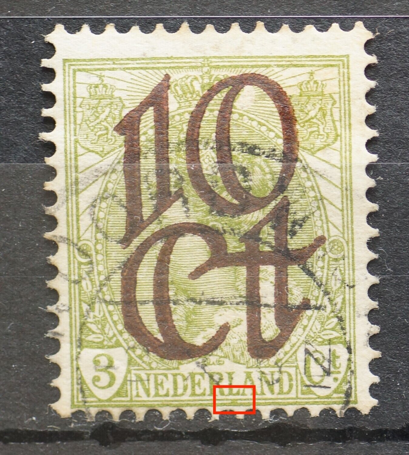 NVPH 116 - groene vlek onder L van NEDERLAND
