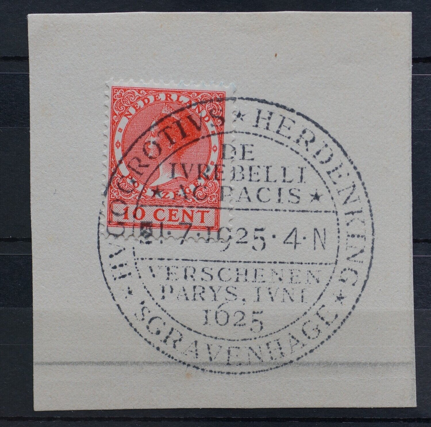 Reclamehandstempel Hugo de Groot herdenking 1925 - schaars