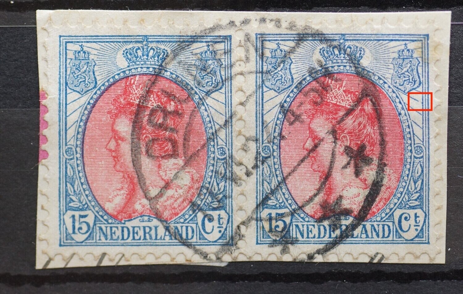 NVPH 65 (paar) - o.a. breuk in straal rechts (rechter zegel)