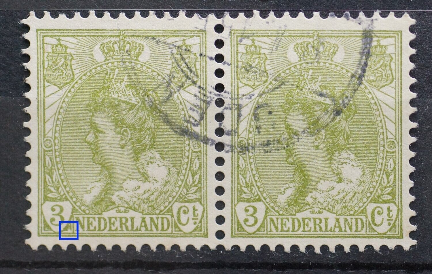 NVPH 57 (paar) - witte vlek rechts naast de 3 (linker zegel) NVPH 57 (paar) - witte vlek rechts naast de 3 (linker zegel)