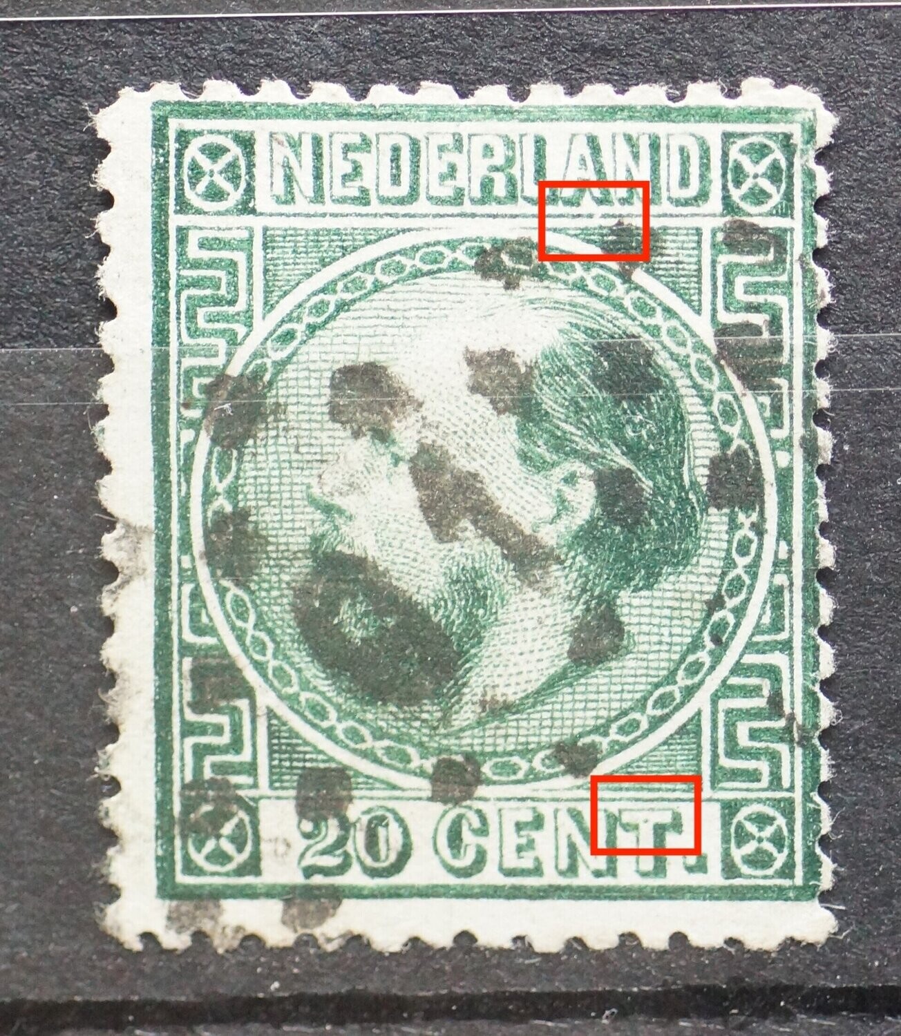 NVPH 10 - breuk in kaderlijn onder de A van NEDERLAND  en groene stip in de T van CENT