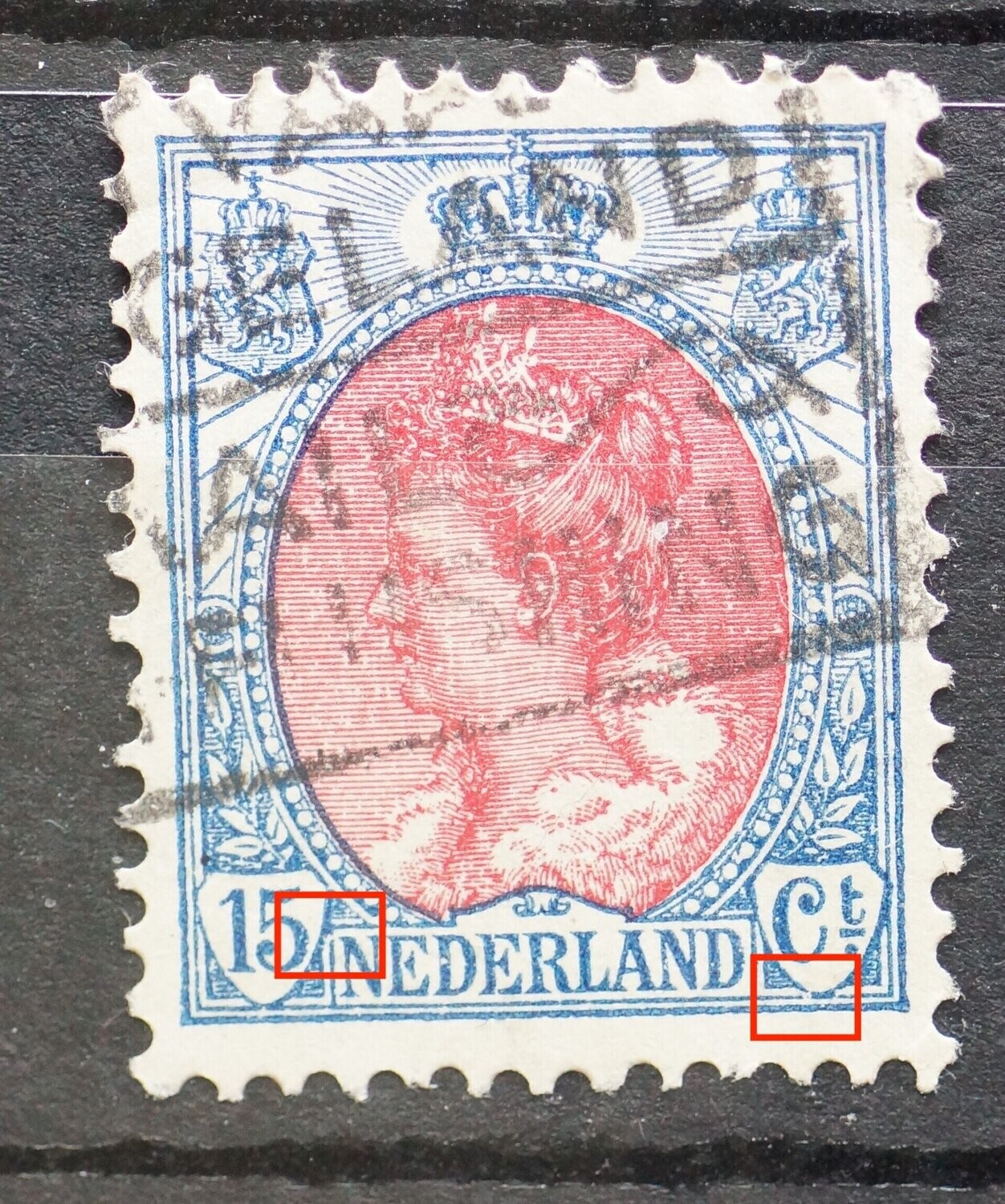 NVPH 65 - breuken in kaderlijnen onder (rechts van 15 en onder Ct.)