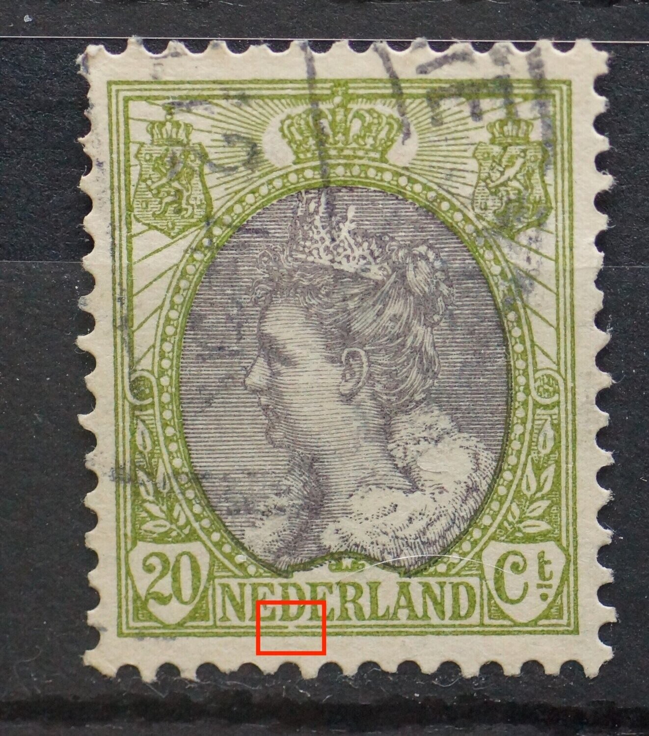 NVPH 69 - breuk in kaderlijn onder eerste D van NEDERLAND NVPH 69 - breuk in kaderlijn onder eerste D van NEDERLAND