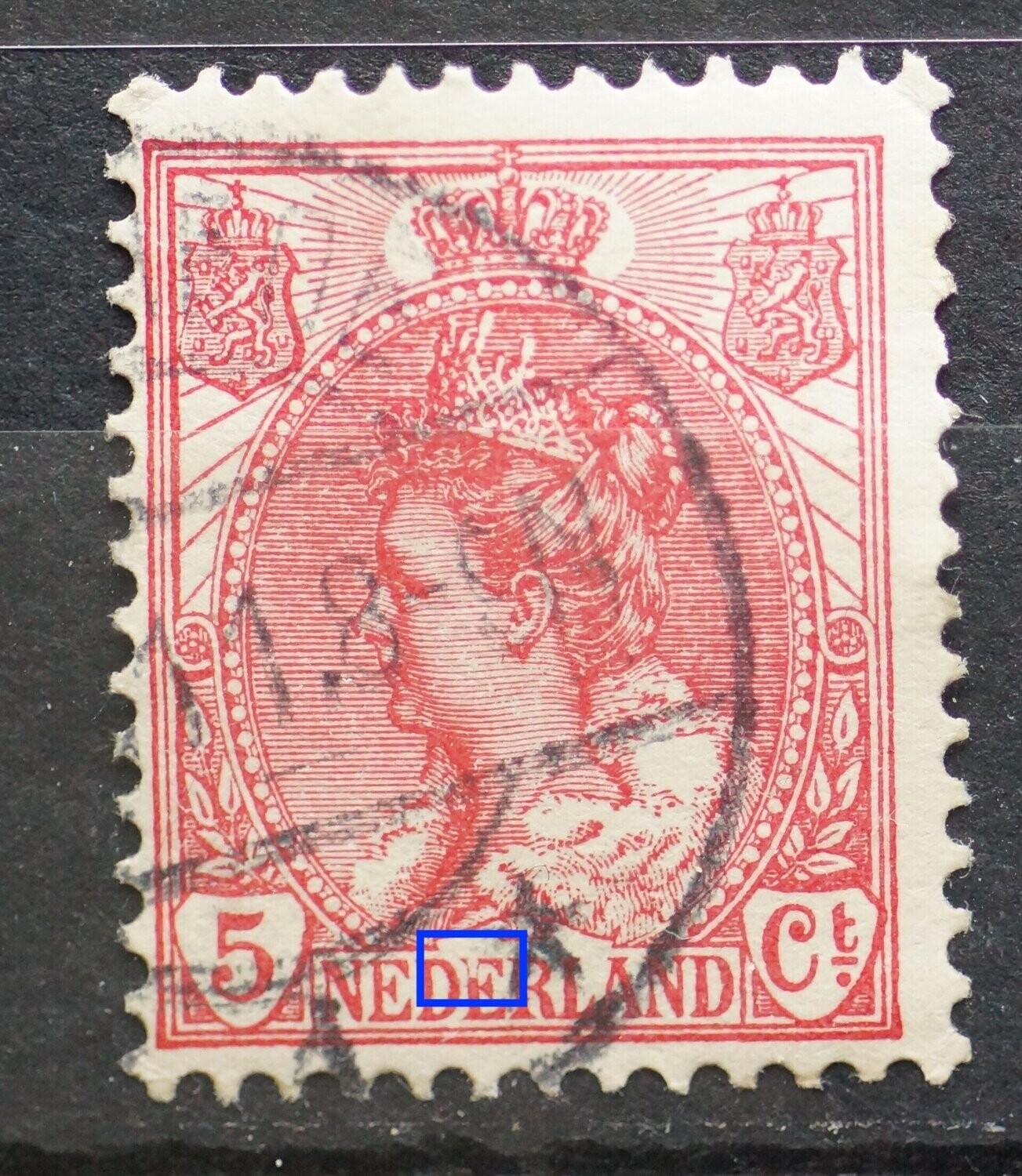 NVPH 60 - grote witte vlek bovenin twee de E van NEDERLAND
