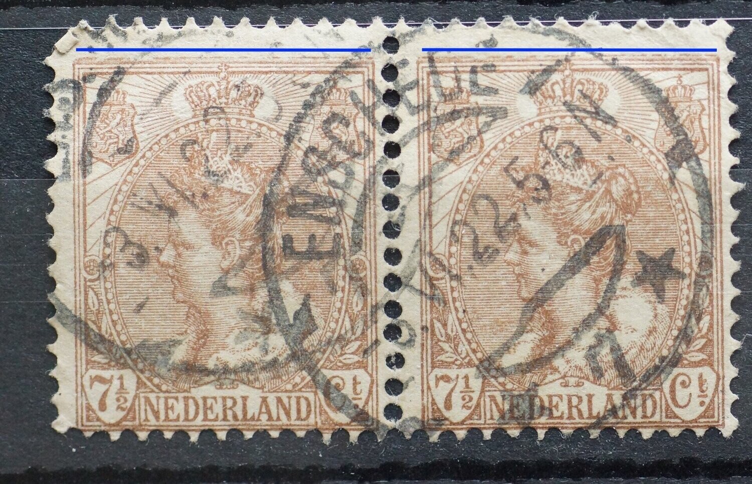 NVPH 61 (paar, omgekrulde hoektand) - twee extra bruine lijnen boven het zegelbeeld