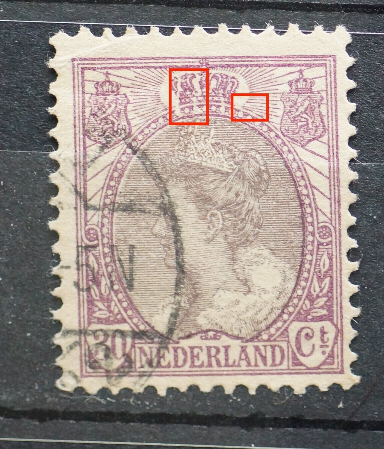 NVPH 72 - o.a. beschadigde kroon en breuk in straal rechts daarvan