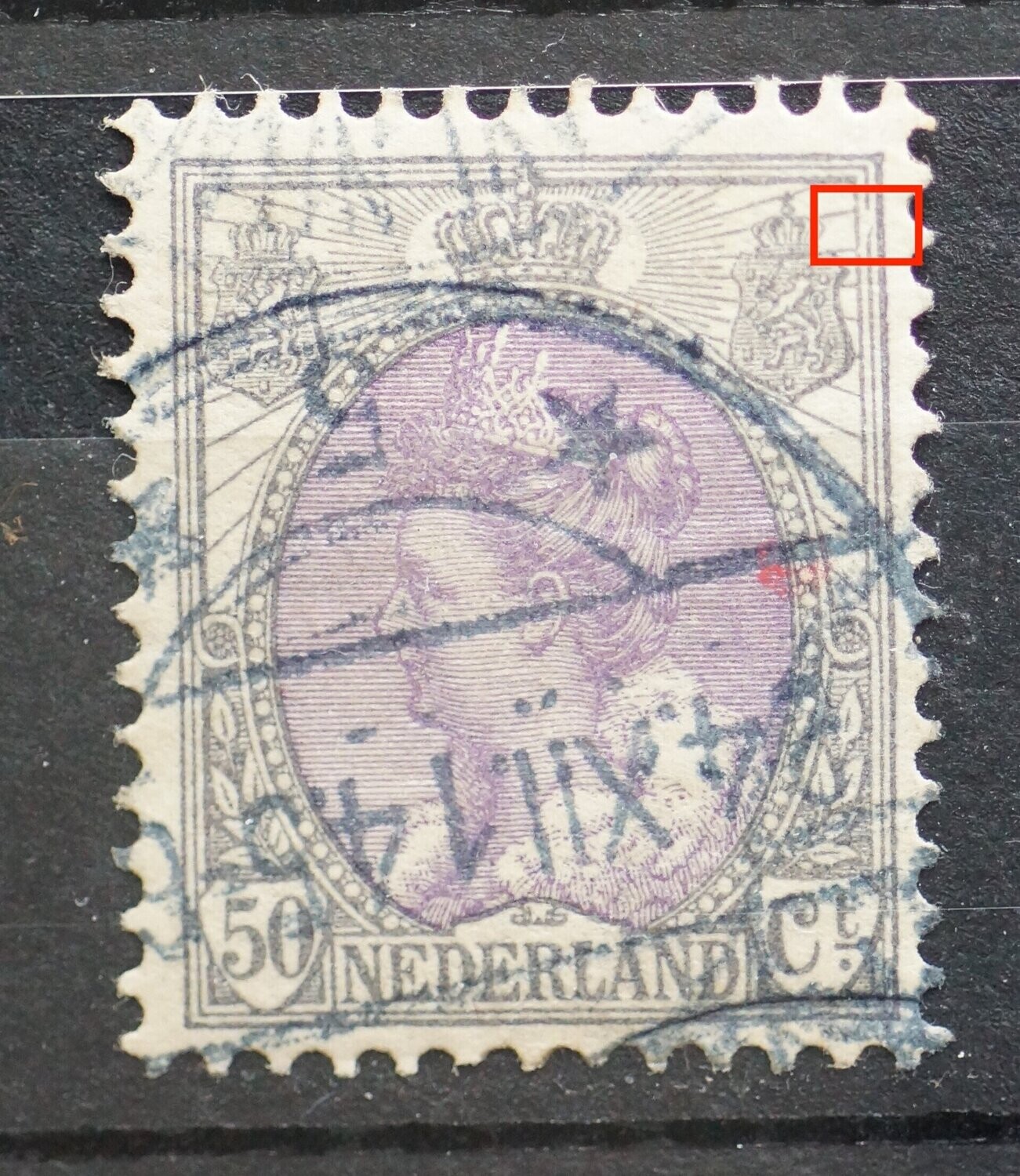 NVPH 75 - grote breuk/witte vlek in kaderlijnen rechts, boven