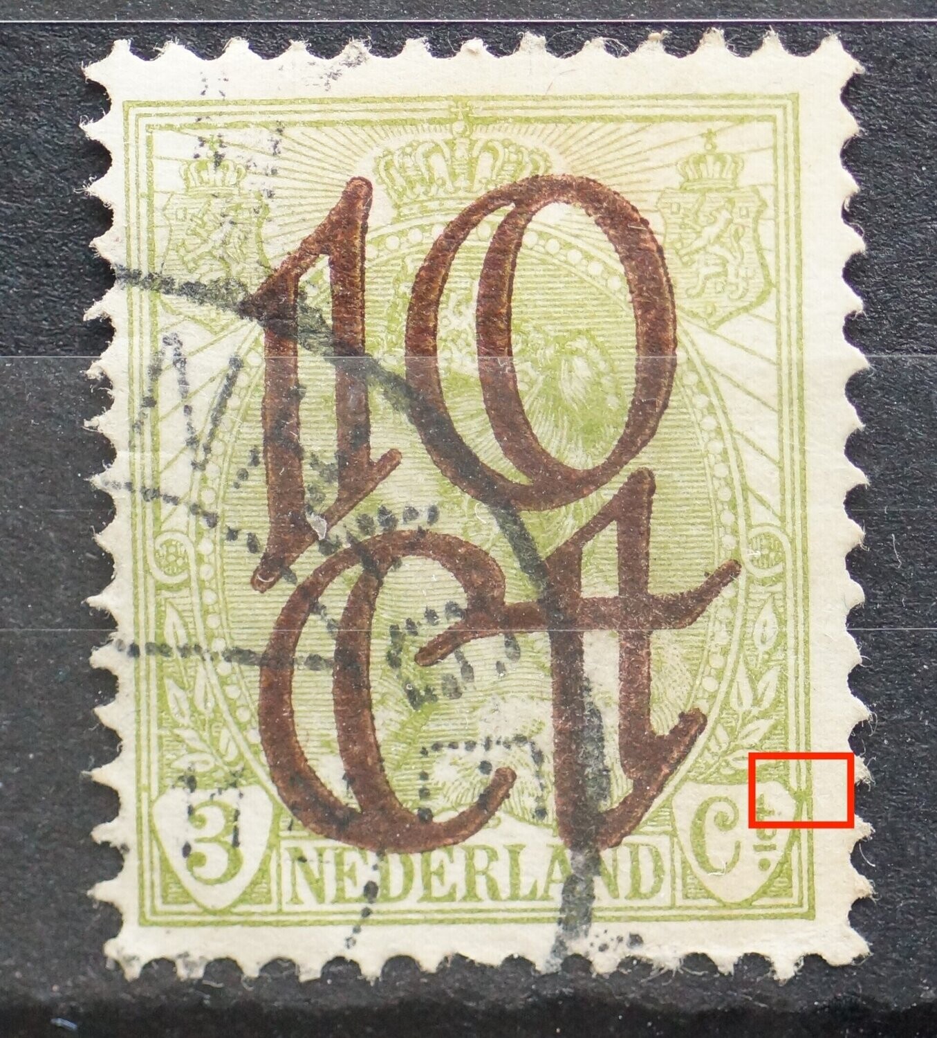 NVPH 116 - groene vlek tussen kaderlijnen rechts naast Ct.