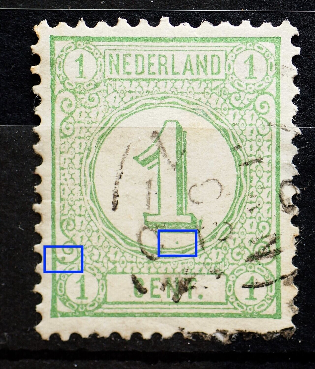 NVPH 31 - groene stip onder de 1 en in de krul linksonder