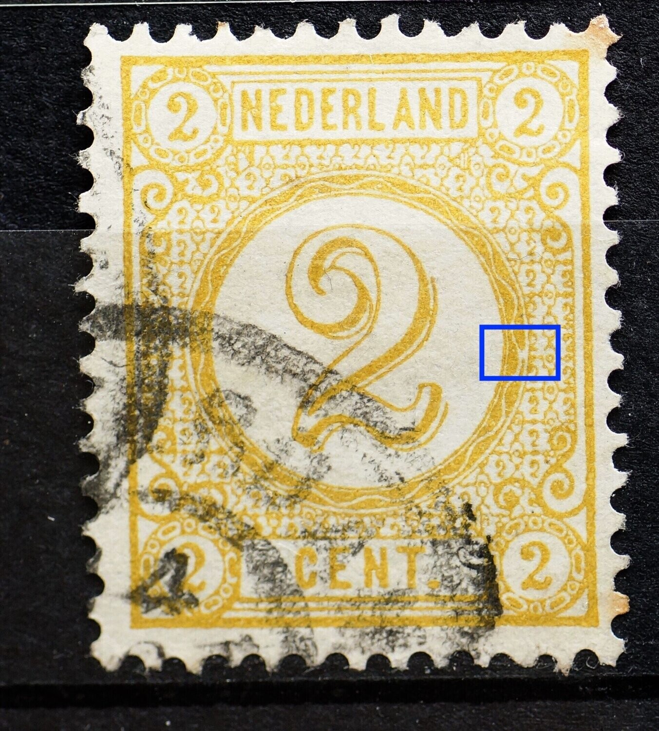 NVPH 32 - witte vlek in rand medaillon, rechts NVPH 32 - witte vlek in rand medaillon, rechts