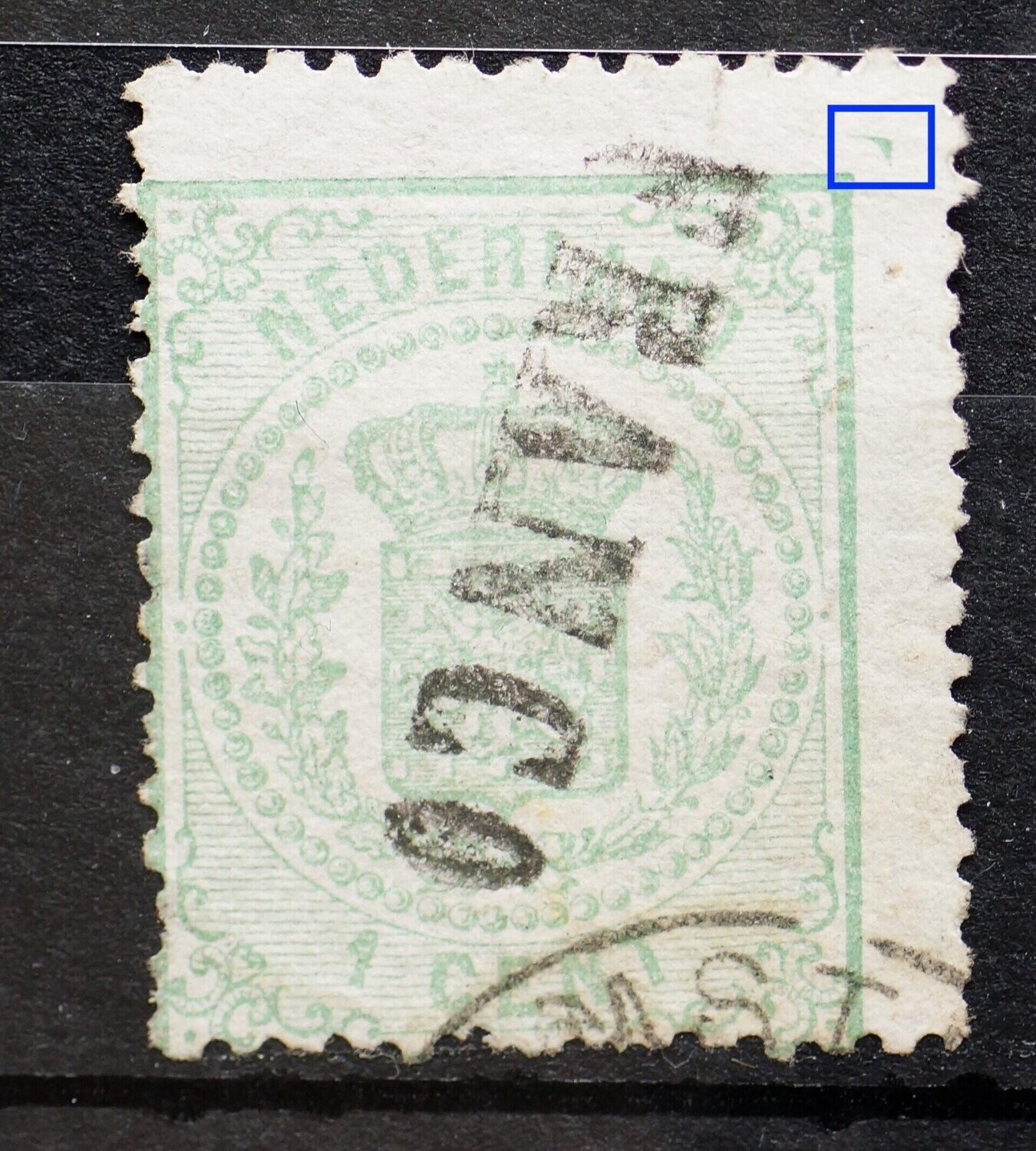 NVPH 15 - FRANCO zonder omlijsting, groene vlek in rechter bovenhoek.
