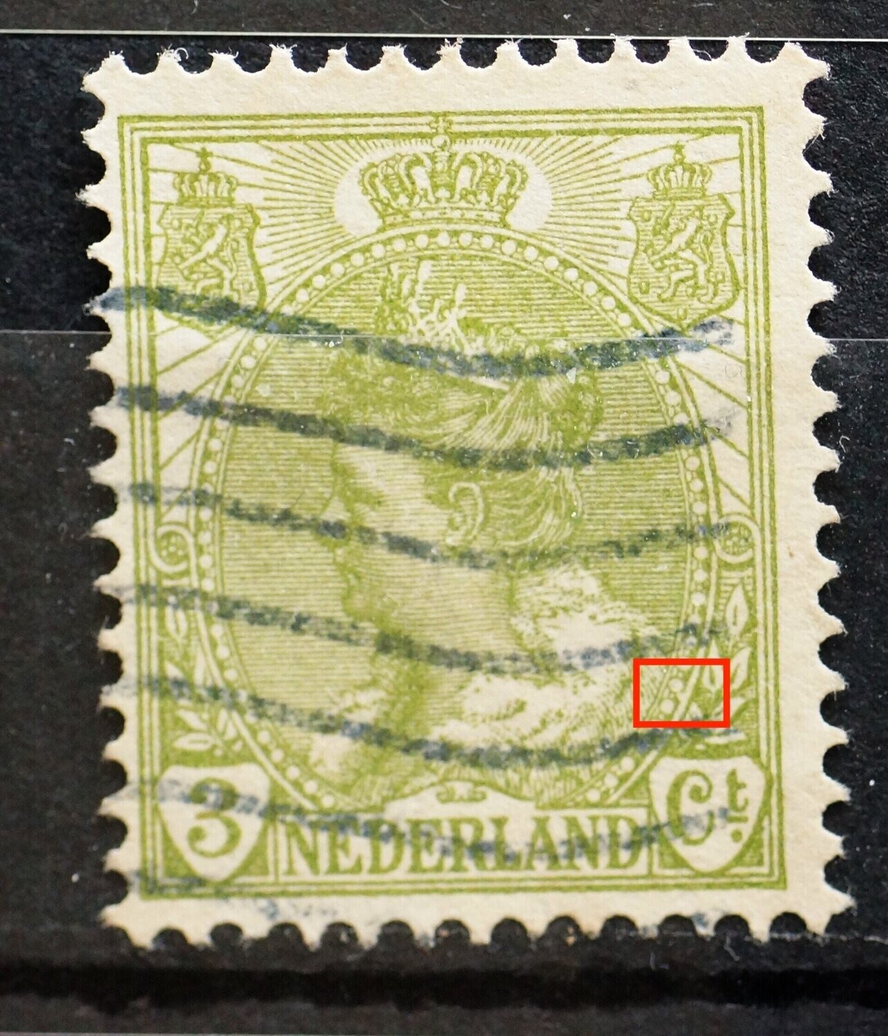 NVPH 57 - witte vlek in rand medaillon, rechts NVPH 57 - witte vlek in rand medaillon, rechts