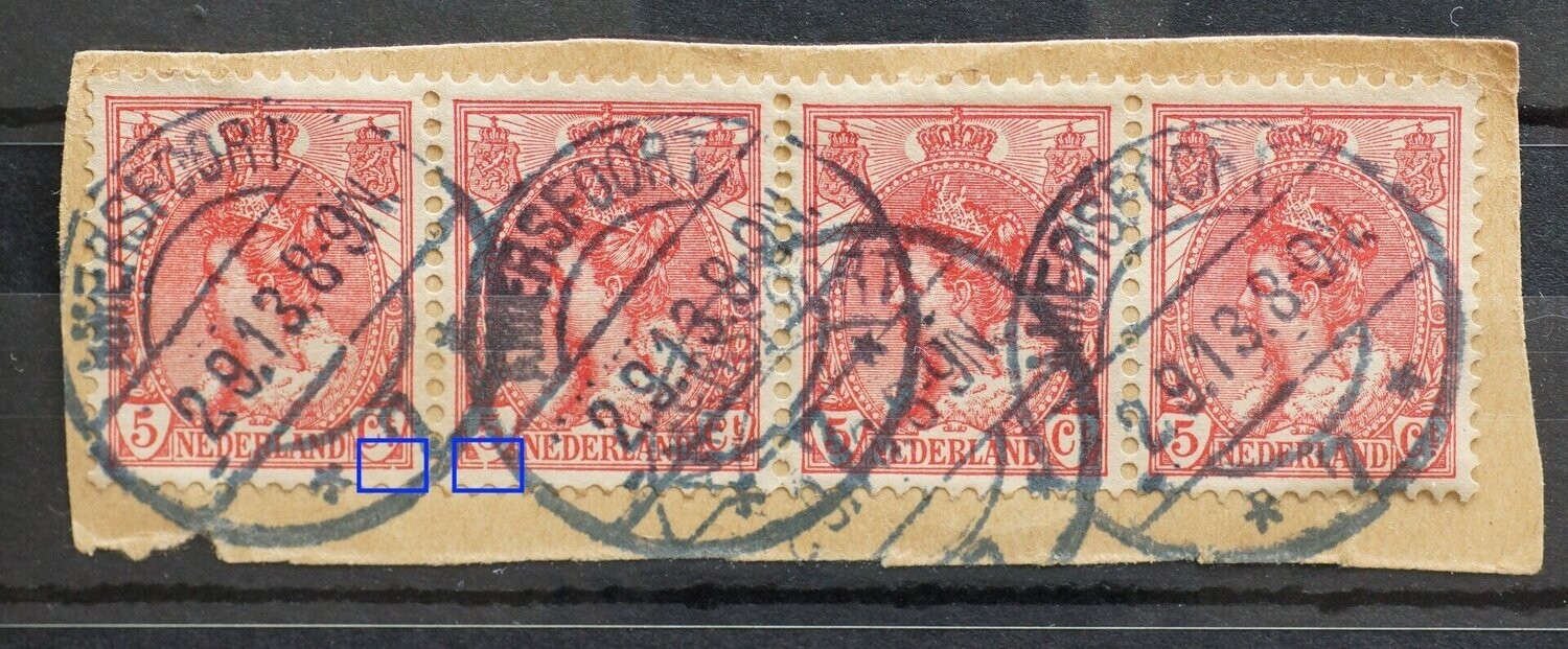 NVPH 60 (strip) - breuken in kaderlijn en schild linker zegels