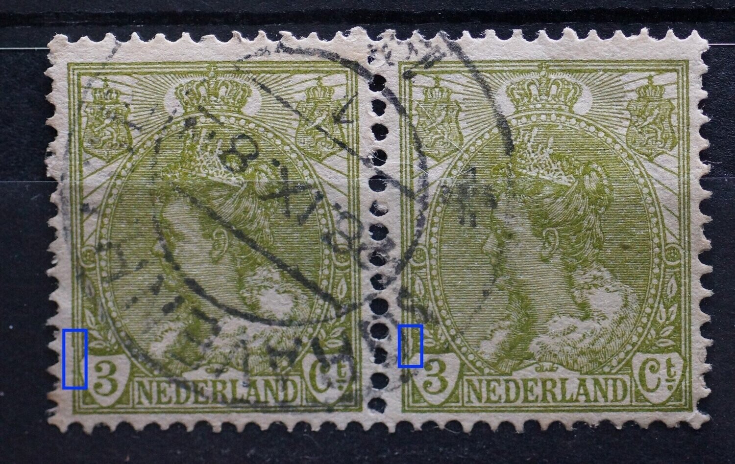 NVPH 57 (paar) - beschadigde kaderlijn voor de 3 (beide zegels !)
