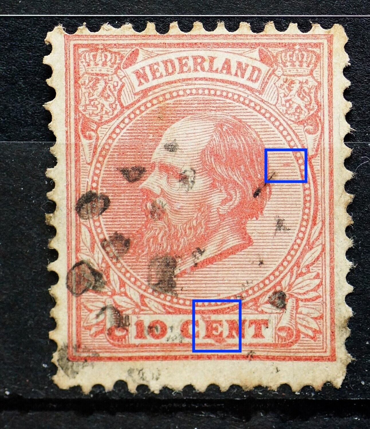 NVPH 21 - o.a. rode vlekken rondom de E van CENT