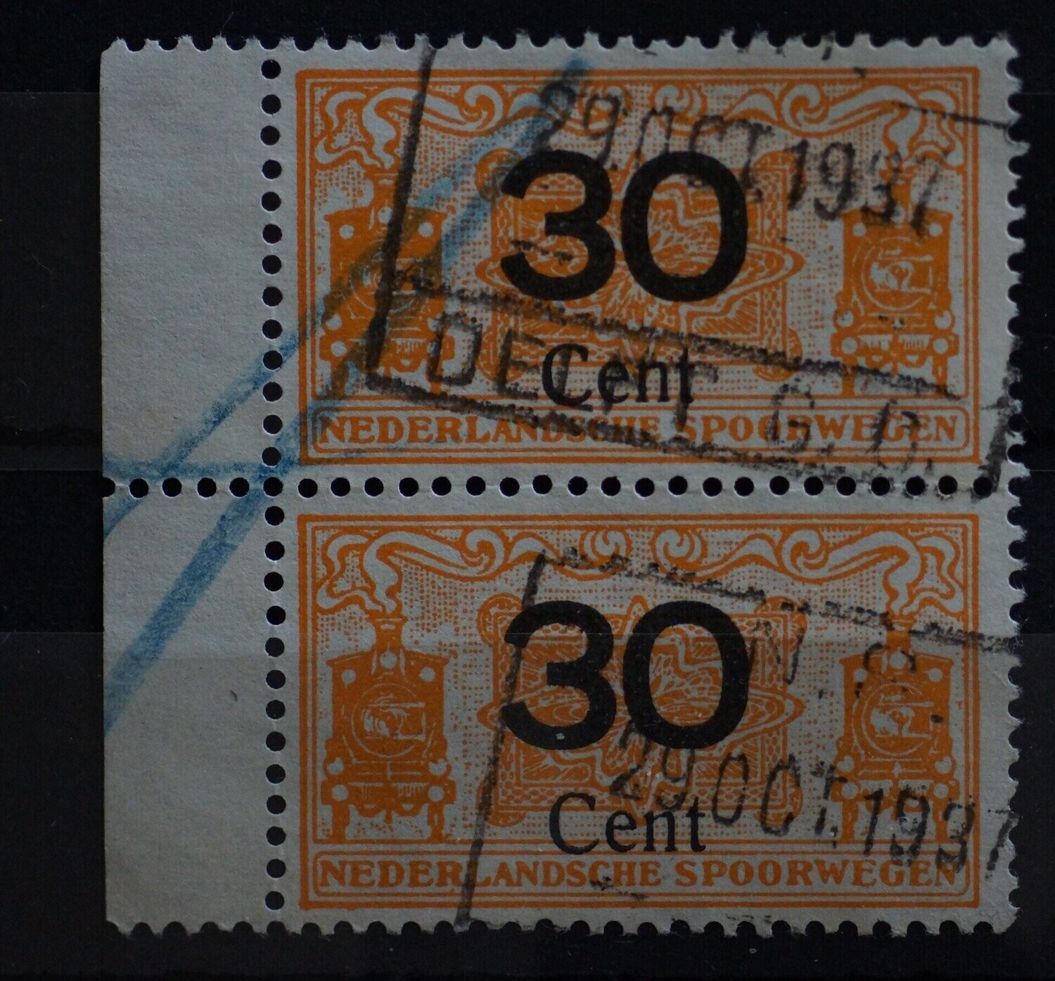 Spoorwegzegel 30 cent, paar, met velrand - Delft
