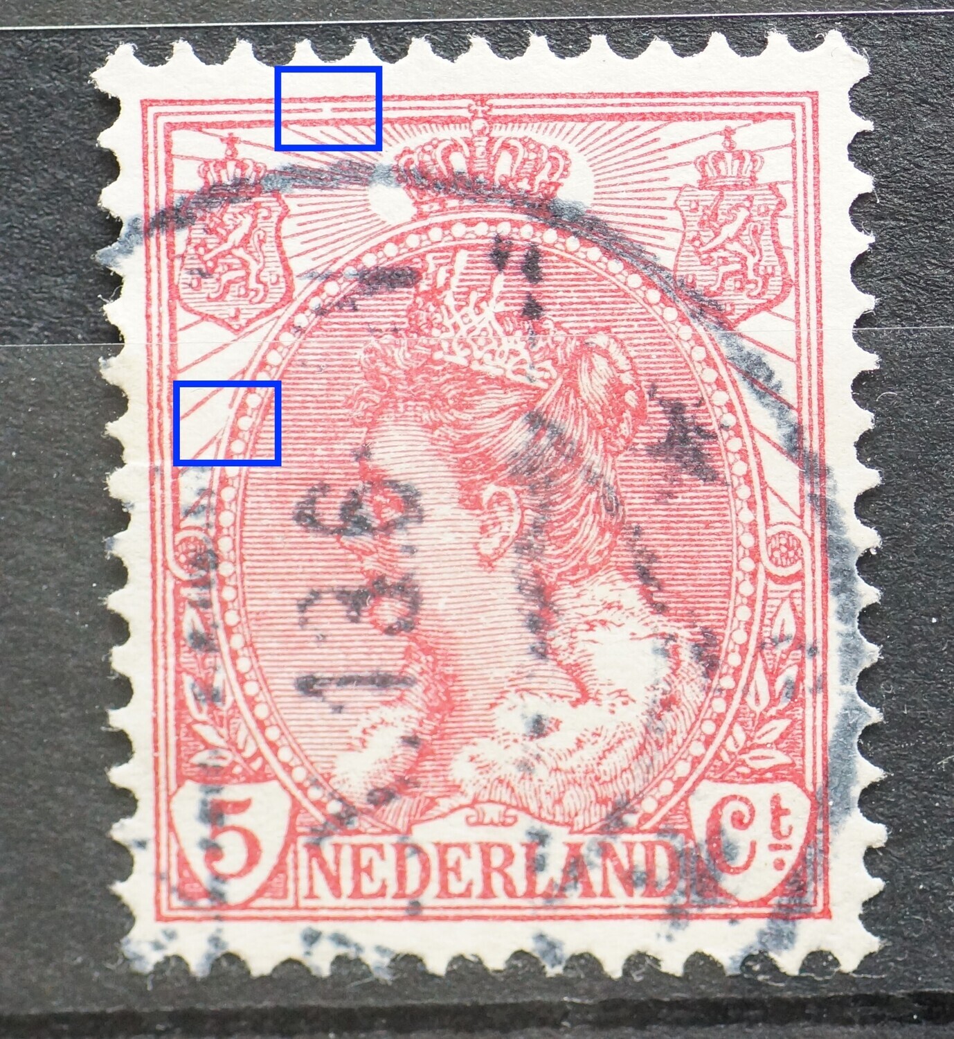 NVPH 60 - breuk in kaderlijn boven en in rand medaillon links NVPH 60 - breuk in kaderlijn boven en in rand medaillon links