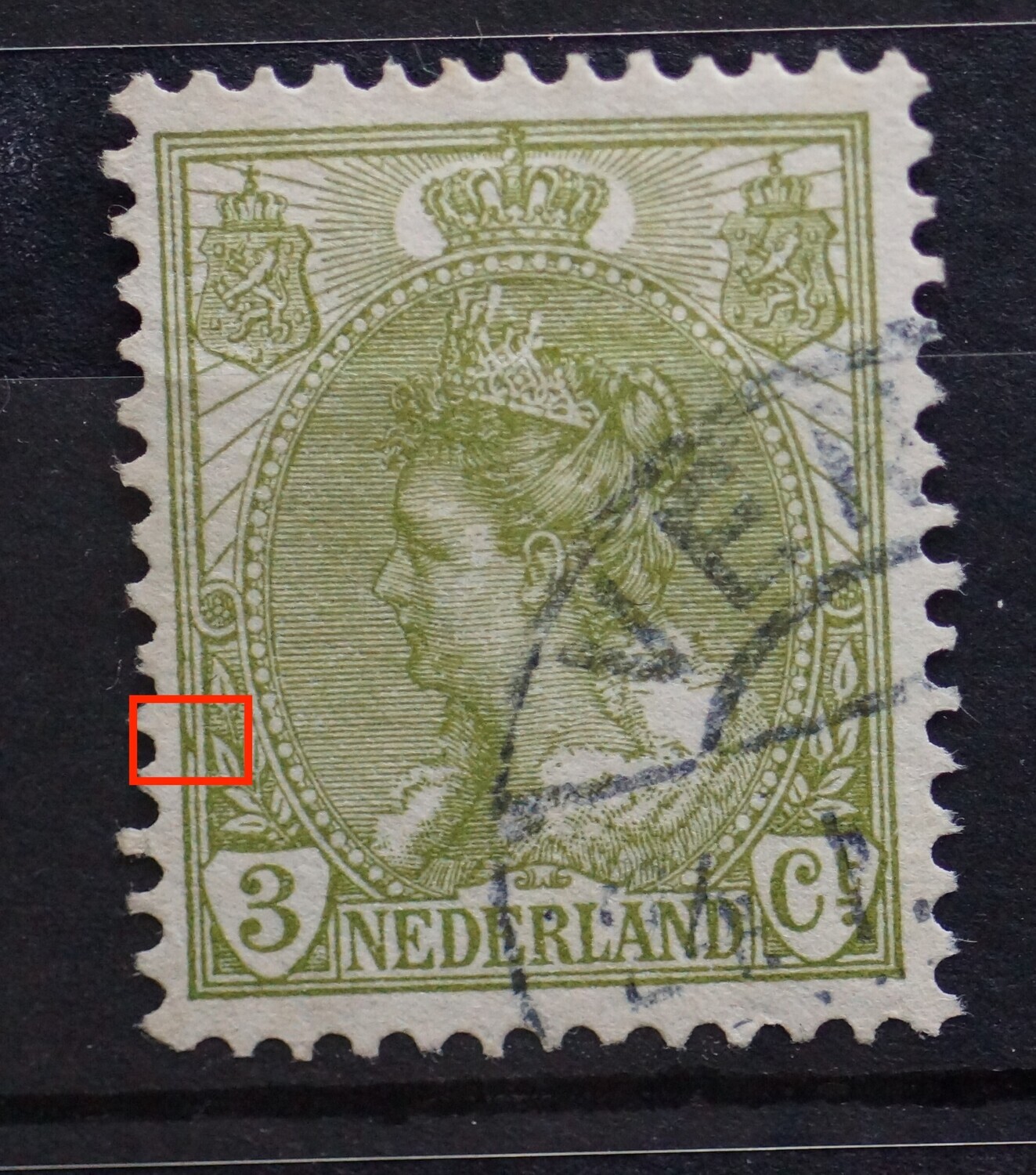 NVPH 57 - groene vlek tussen kaderlijnen links