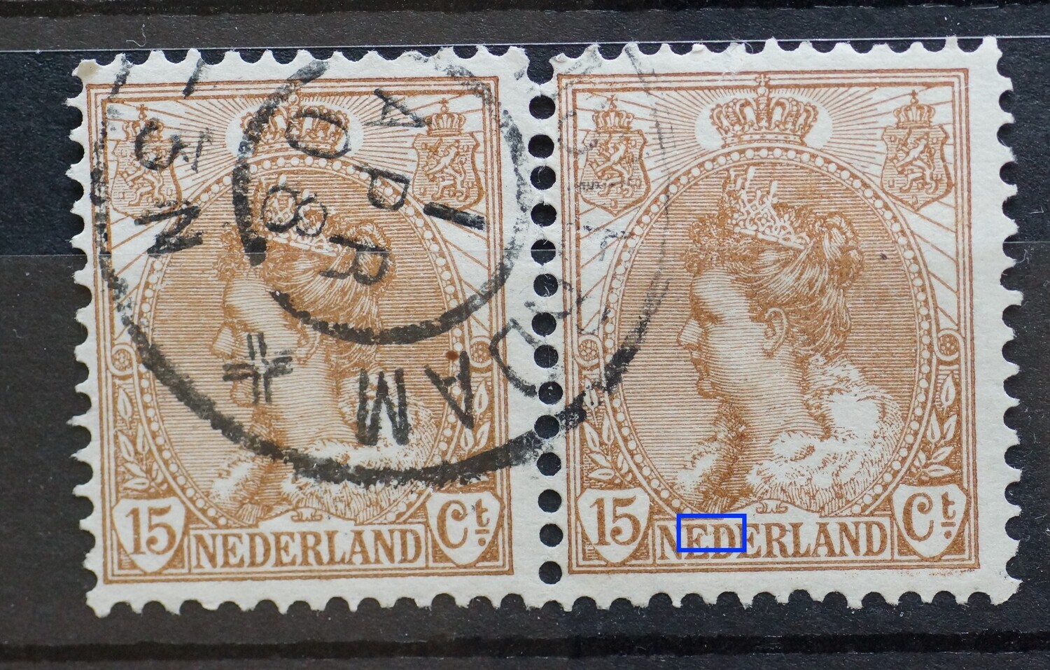 NVPH 64 (paar) - bruine vlekjes rondeom ED van NEDERLAND (rechter zegel)