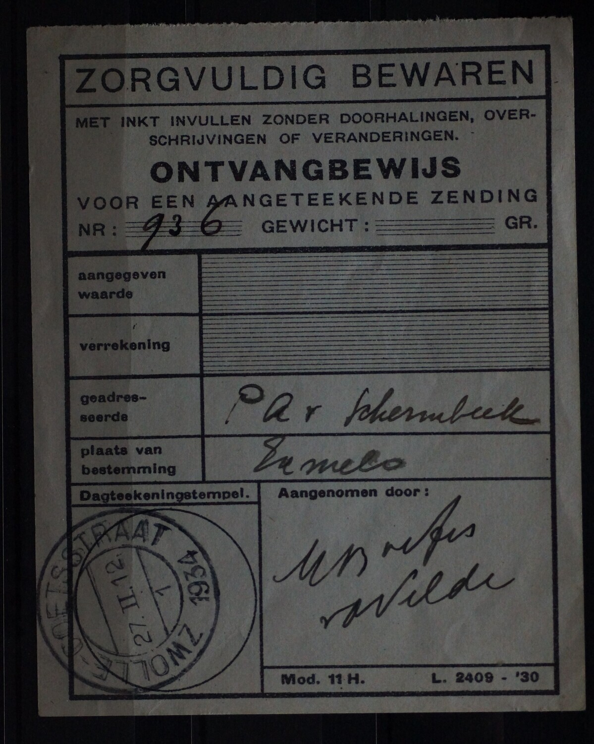 Zwolle-Coetsstraat 1 op Ontvangbewijs (1924)