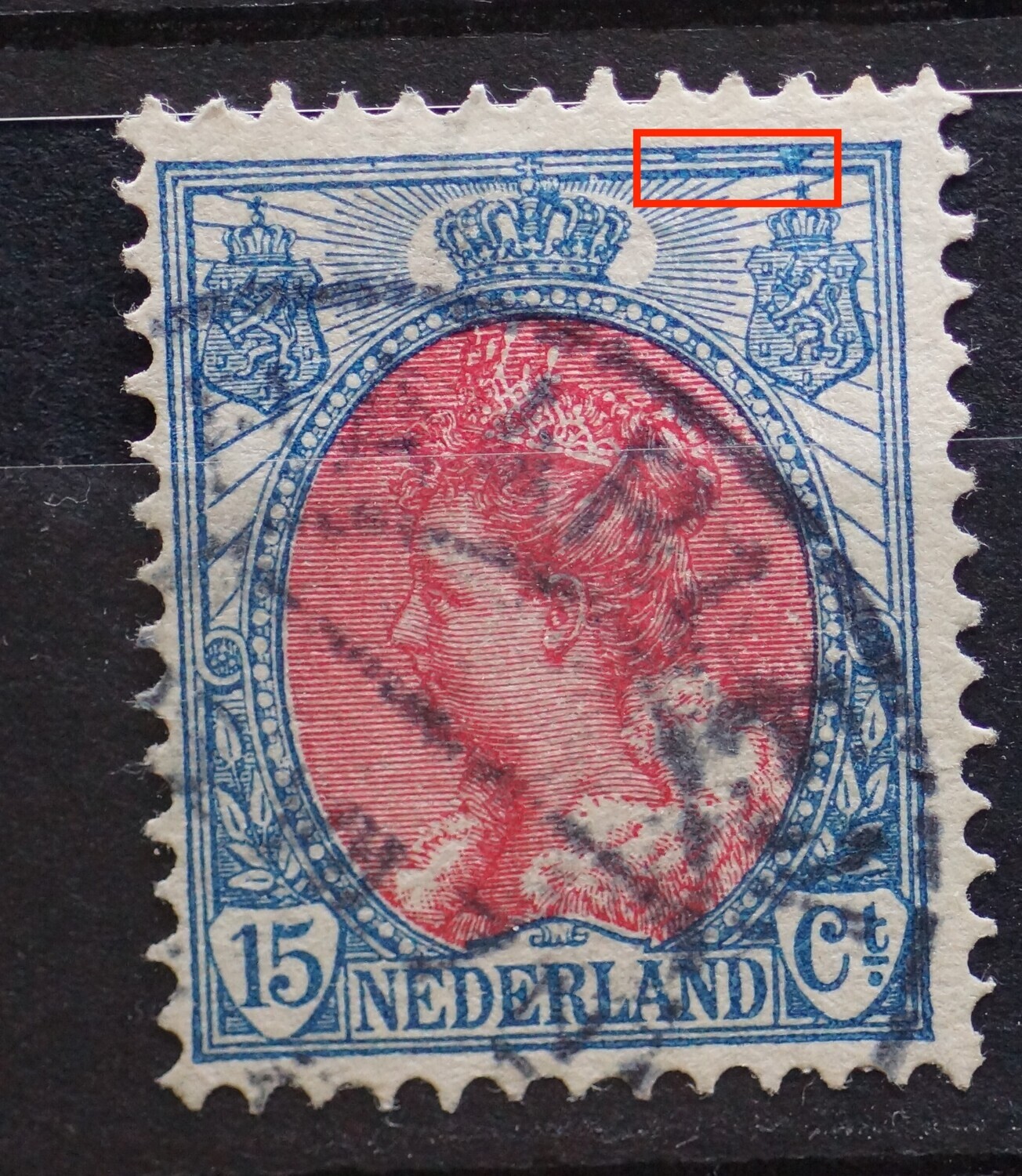 NVPH 65 - blauwe vlekken tussen kaderlijnen boven