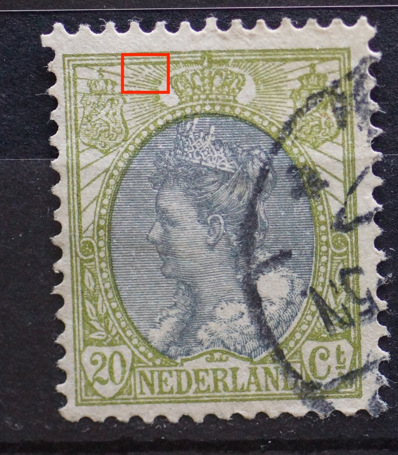 NVPH 69 - o.a. breuk/brede witte kras in stralen links van kroon