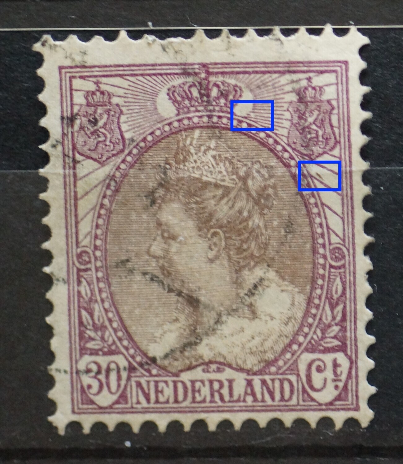 NVPH 72 - breuk in straal rechts van kroon en violette streep tussen de stralen onder rechter wapenschild