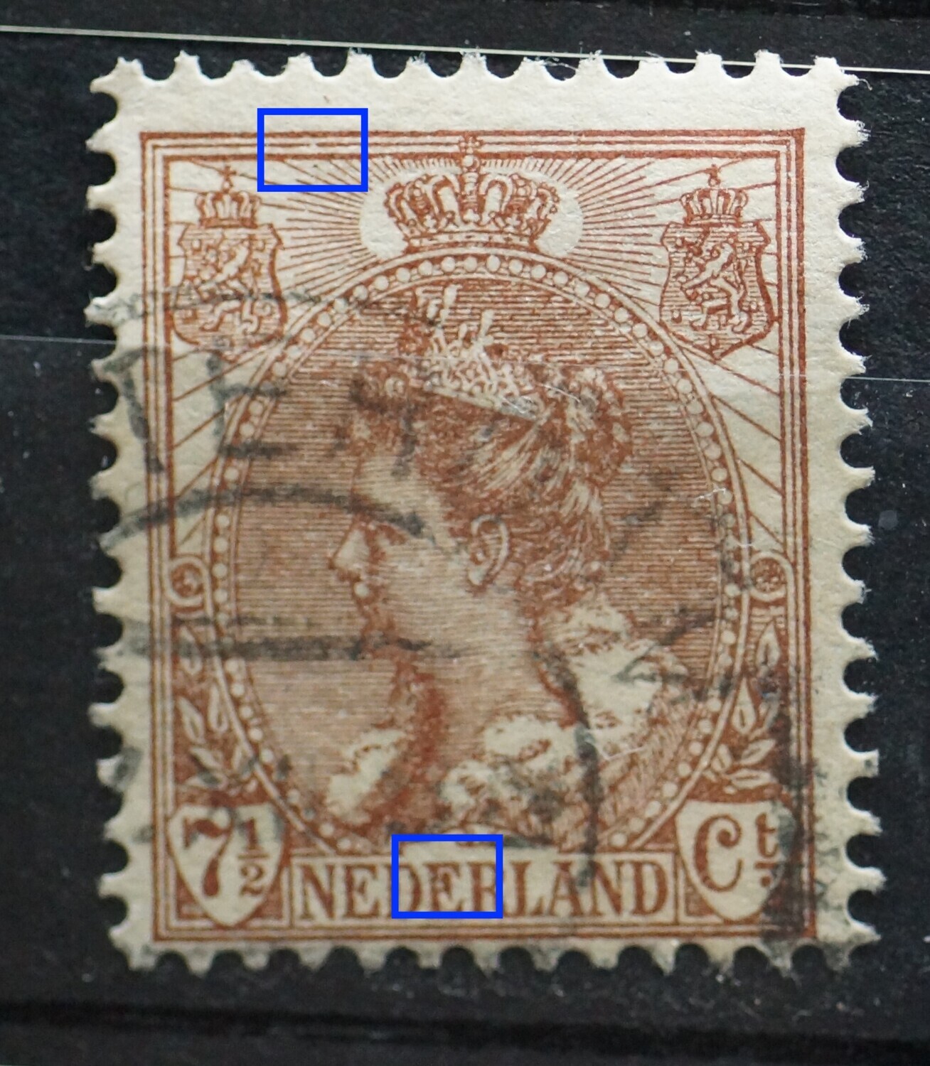 NVPH 61 - o.a. bruine vlek in tweede E van NEDERLAND NVPH 61 - o.a. bruine vlek in tweede E van NEDERLAND