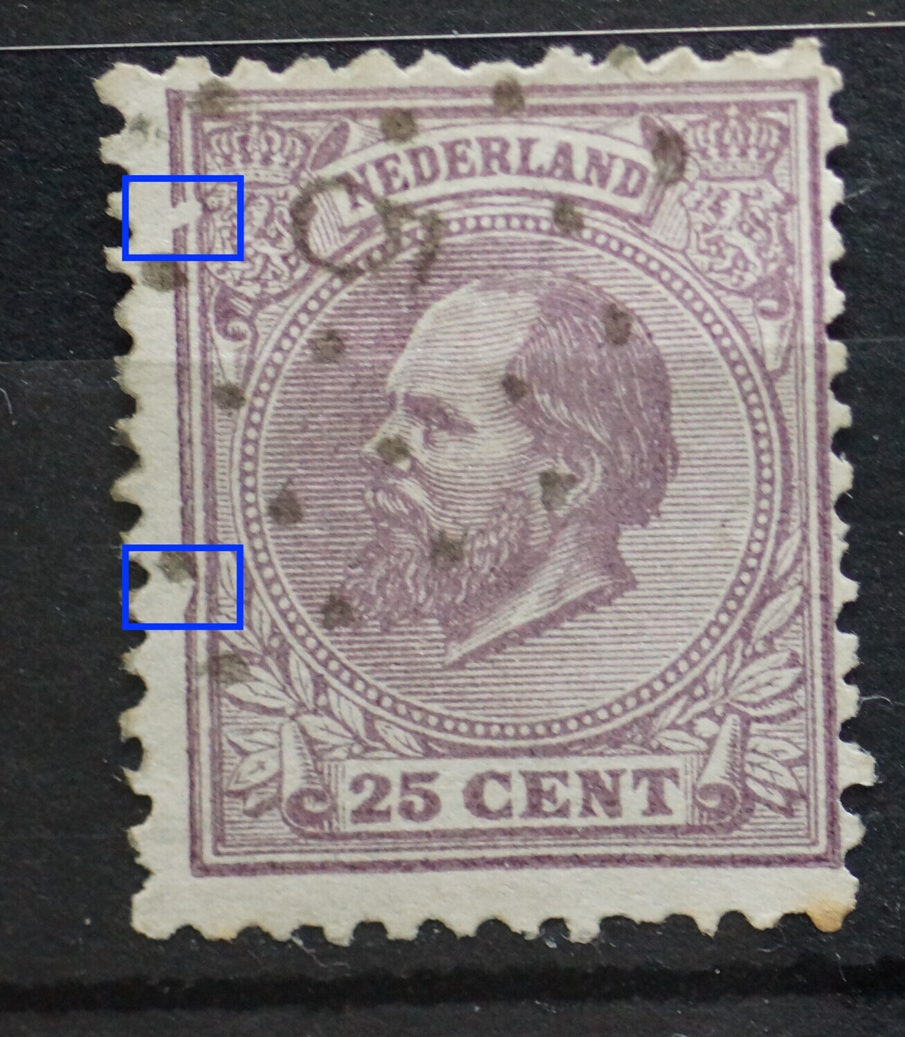 NVPH 26 - breuk in kaderlijnen links en deuk in kaderlijn links NVPH 26 - breuk in kaderlijnen links en deuk in kaderlijn links