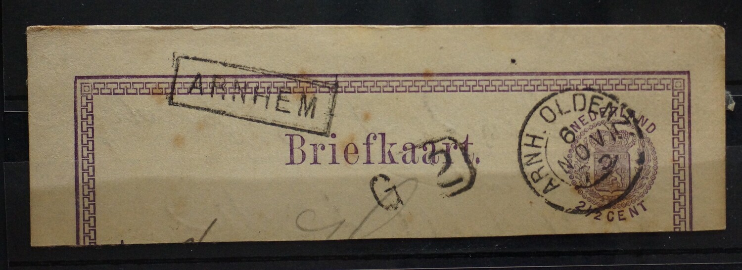 Arnh. Oldenz: (takjestempel?) en haltestempel Arnhem op fragment briefkaart.