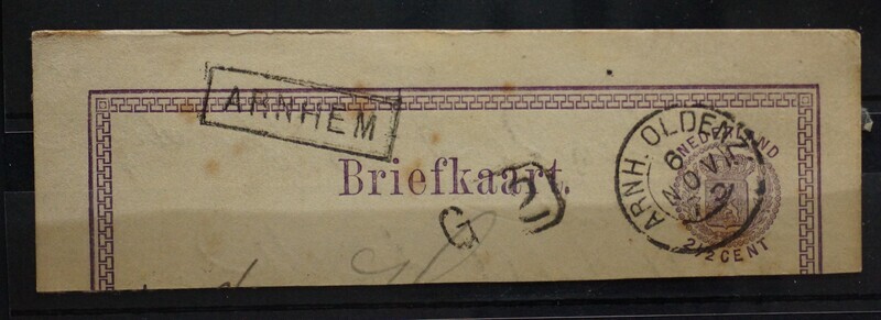 Arnh. Oldenz: (takjestempel?) en haltestempel Arnhem op fragment briefkaart.