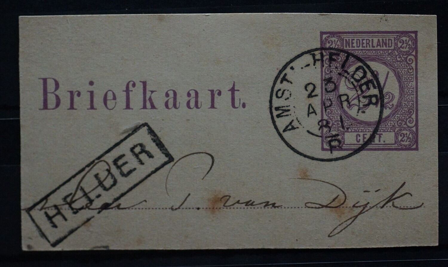 kleinrond Amst:-Helder B + haltestempel Helder op fragment briefkaart kleinrond Amst:-Helder B + haltestempel Helder op fragment briefkaart