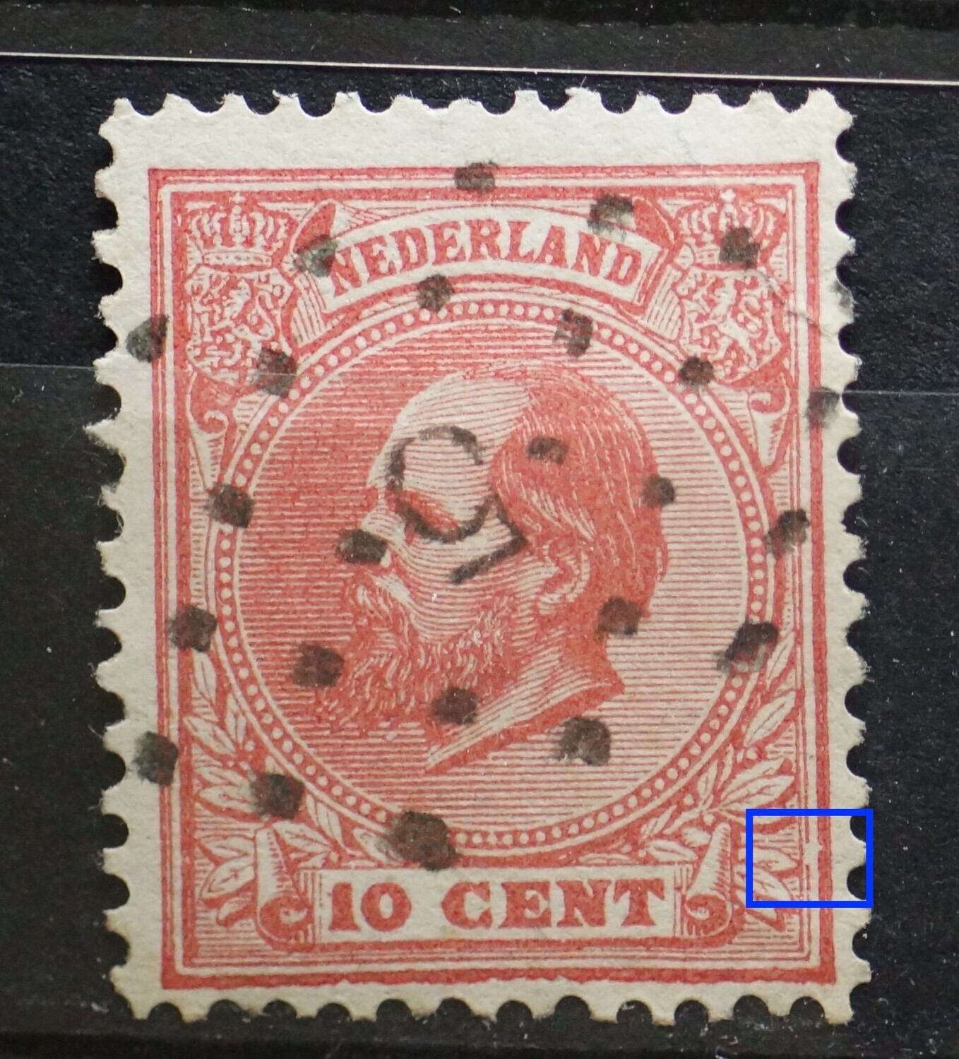 NVPH 21 (fraai) - witte vlek in kaderlijnen rechts NVPH 21 (fraai) - witte vlek in kaderlijnen rechts