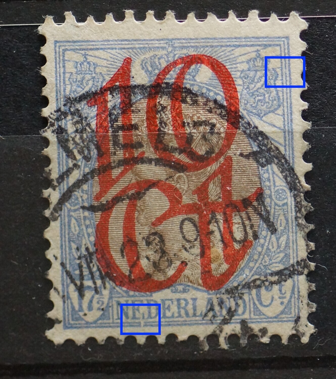 NVPH 119 - o.a. breuk in de voet van de tweede E van NEDERLAND en de kaderlijn daaronder