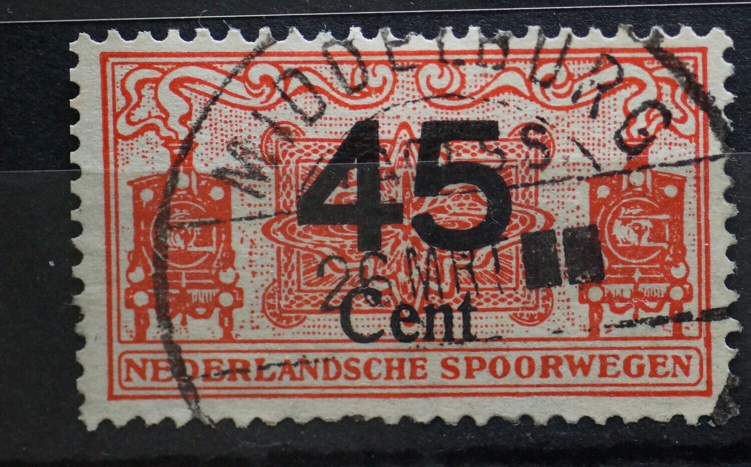 Spoorwegzegel (rood) 45 cent - factorijstempel Middelburg - blokjes i.p.v. jaartal!