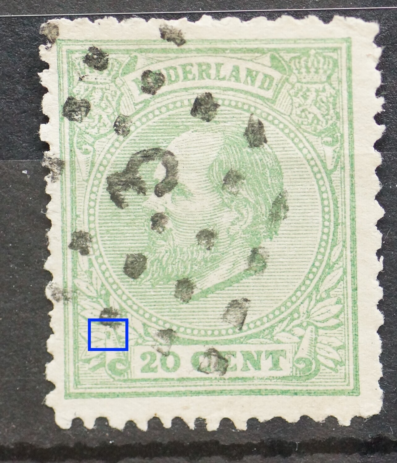 NVPH 24 - groene vlek in krul links van NEDERLAND