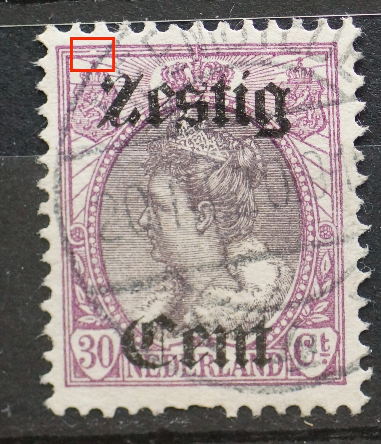 NVPH 103 - breuk in kaderlijn boven, links NVPH 103 - breuk in kaderlijn boven, links