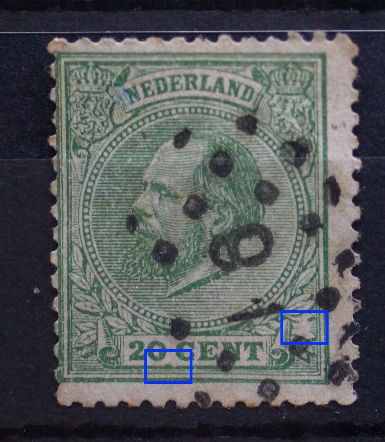 NVPH 24 - groene vlek bovenop de kaderlijn onder 20 CENT en witte vlek in de bladeren rechts