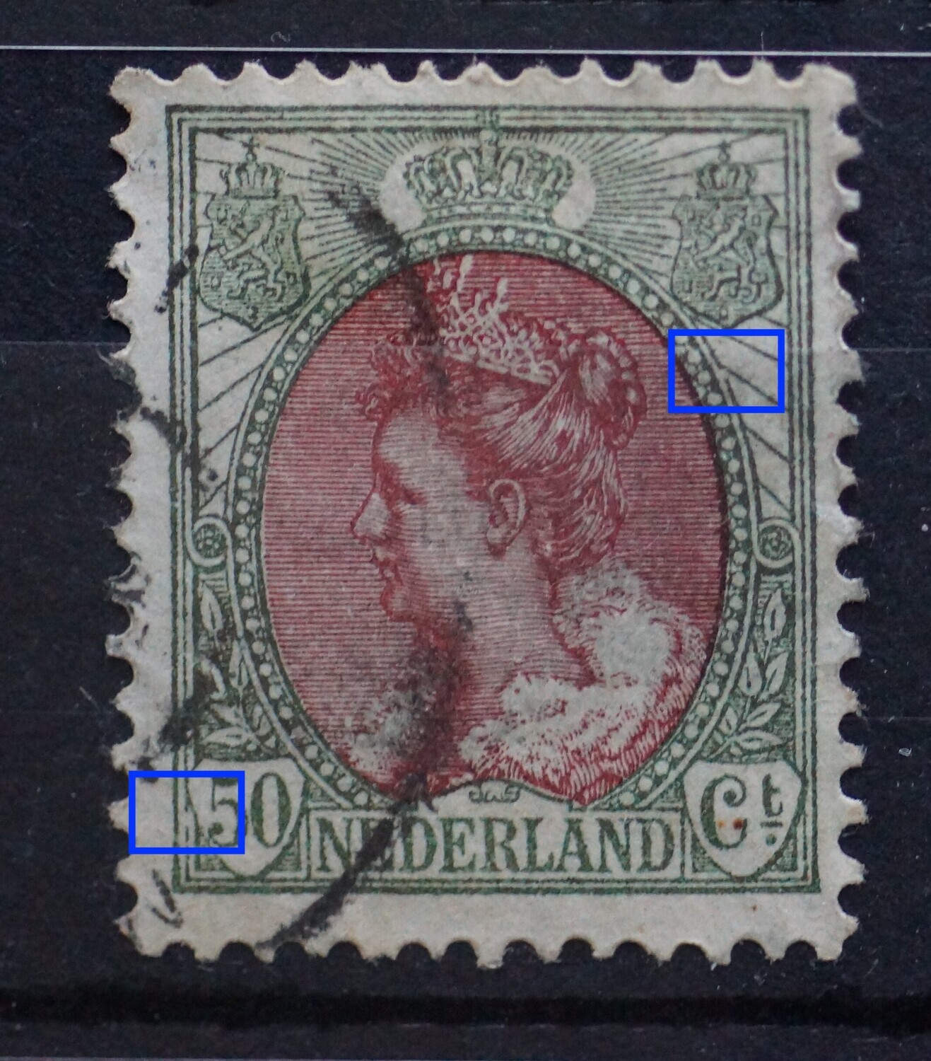 NVPH 74 - o.a. breuk in kaderlijn links en breuk in rand medaillon rechts NVPH 74 - o.a. breuk in kaderlijn links en breuk in rand medaillon rechts