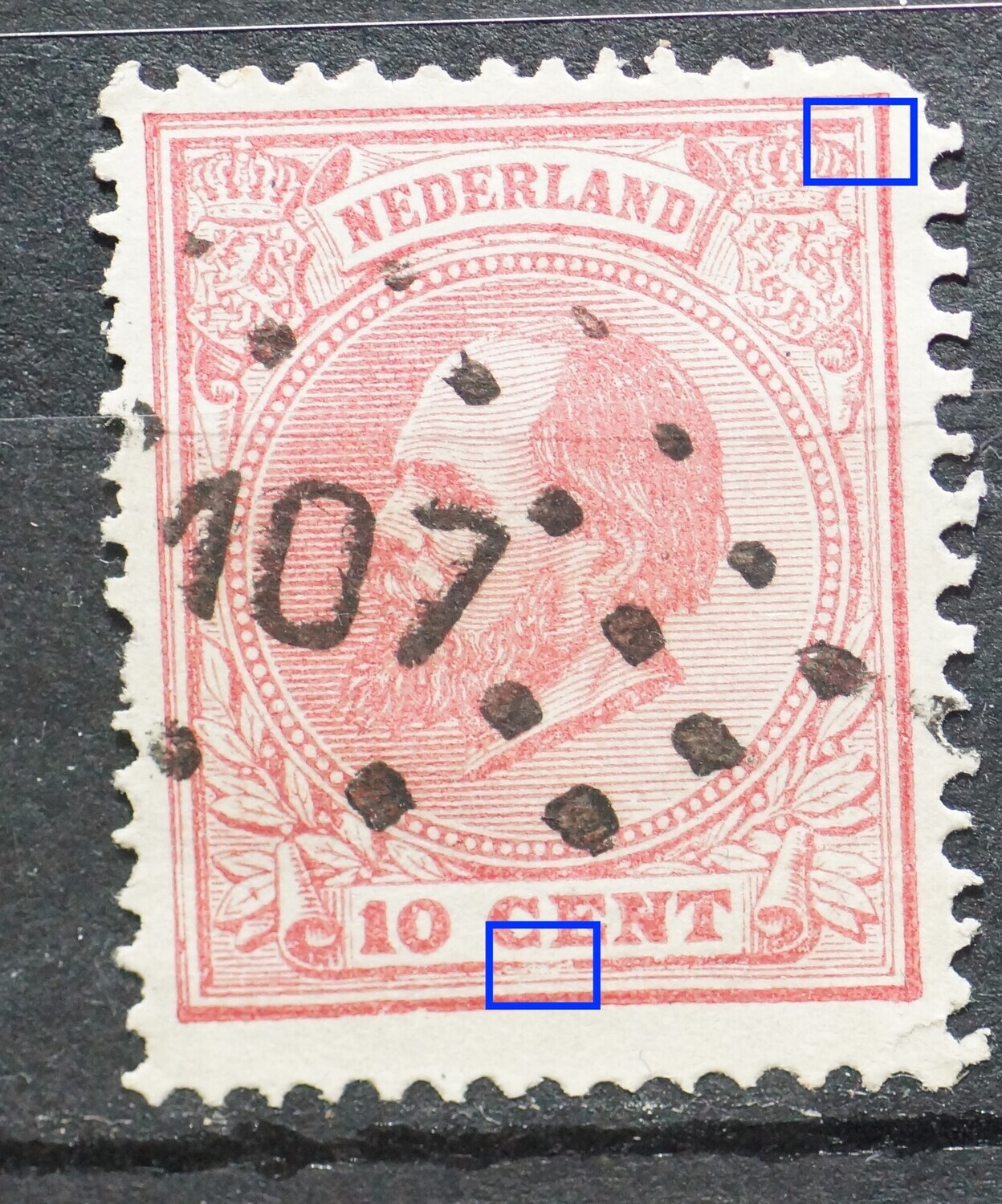 NVPH 21 - o.a. breuk in kaderlijn rechts, boven NVPH 21 - o.a. breuk in kaderlijn rechts, boven