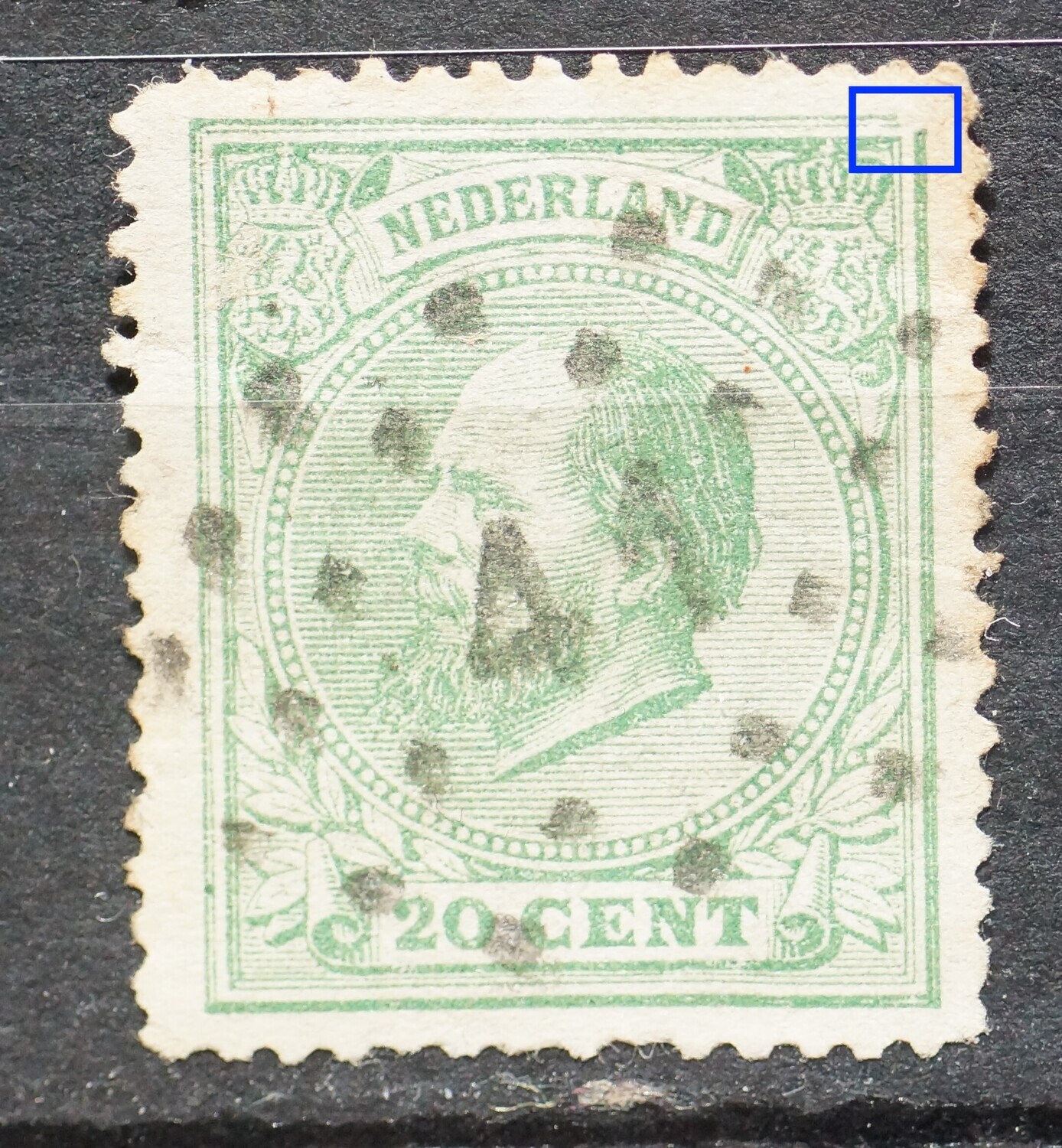 NVPH 24 - o.a. witte vlek/ breuk in kaderlijnen rechterbovenhoek NVPH 24 - o.a. witte vlek/ breuk in kaderlijnen rechterbovenhoek