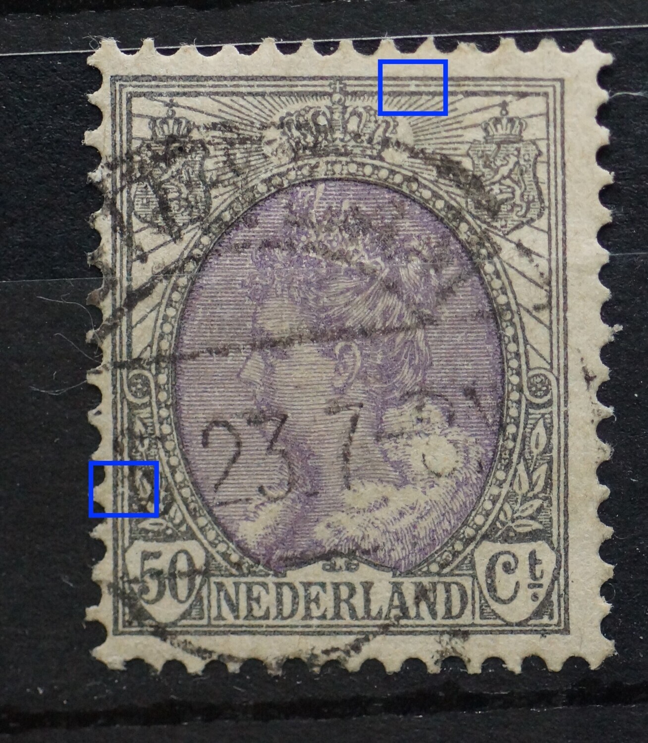 NVPH 75 - o.a. breuk in kaderlijn boven NVPH 75 - o.a. breuk in kaderlijn boven