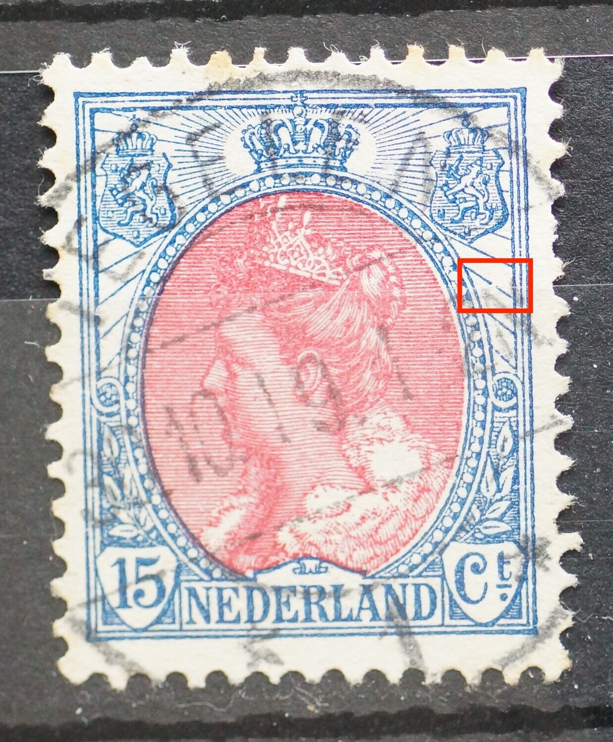 NVPH 65 - breuk in straal onder rechter wapenschild - schaars stempel!